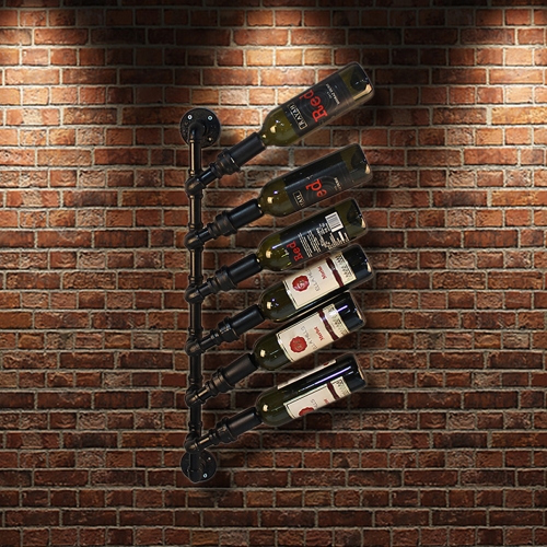 iKayaa Industrial 6 Bottle Wall Mount Wine Rack Metal Hanging Bottle Holder Steampunk Pipe Design